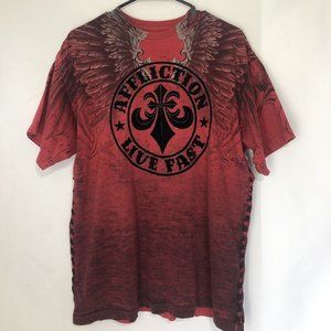 Affliction Red T-Shirt Fluer De Lis Wings Lace Up